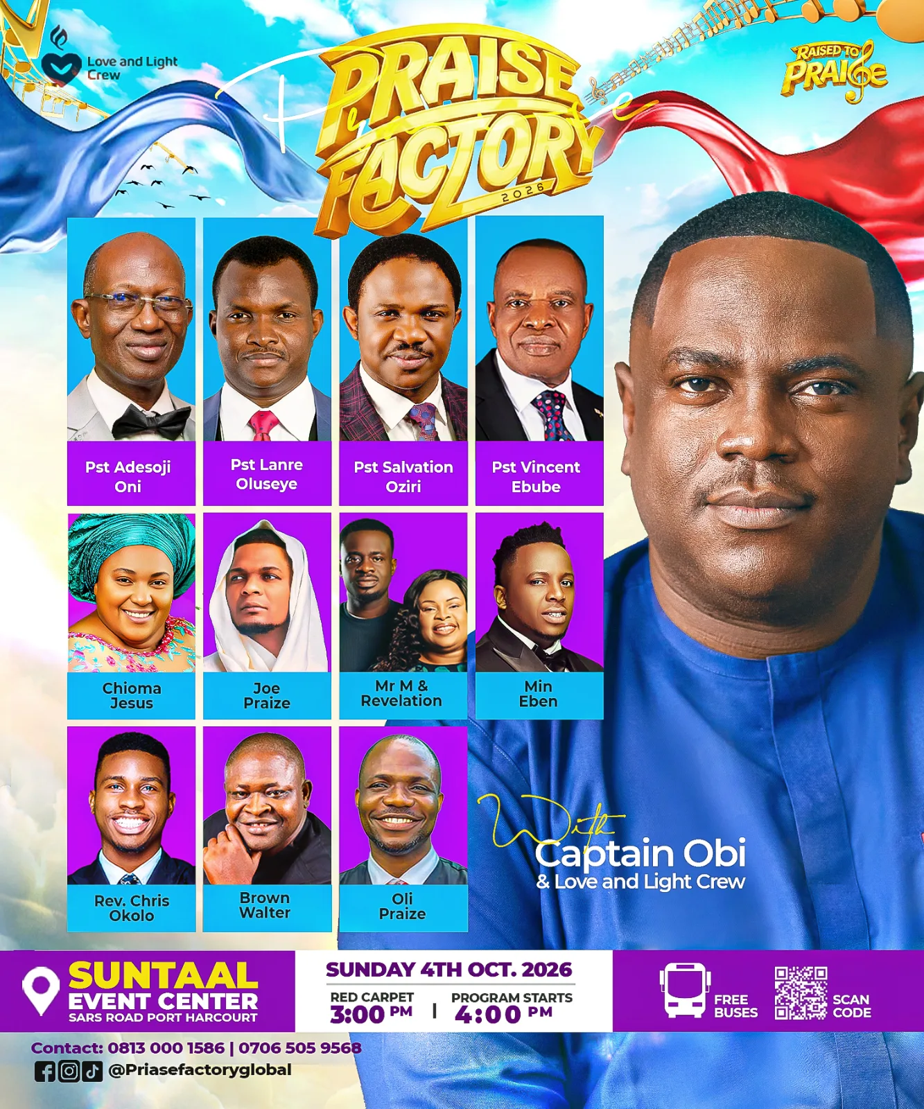 Official Praise Factory 2026 event flyer — Raised to Praise, Sunday 4 October, SUNTAAL Event Center, Port Harcourt