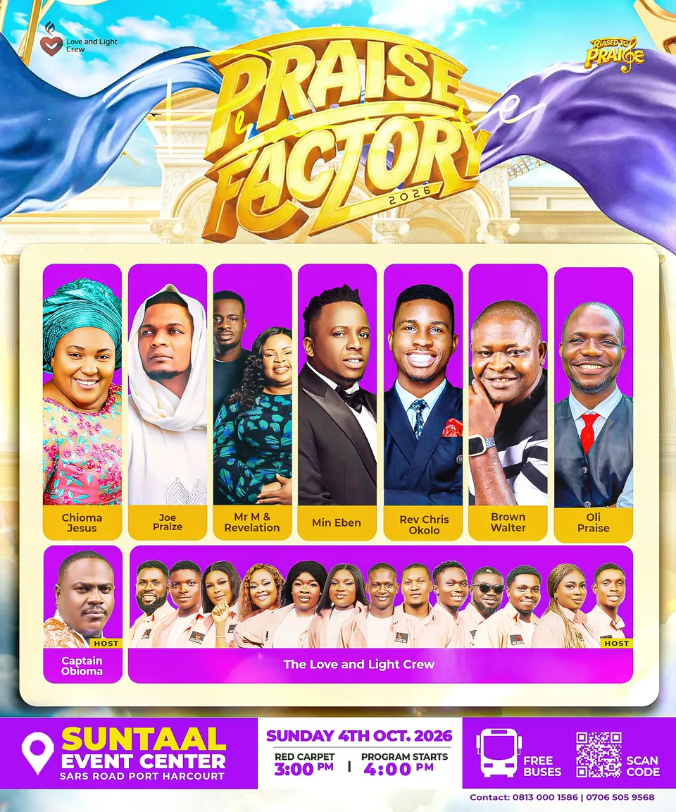 Official Praise Factory 2026 event flyer — Raised to Praise, Sunday 4 October 2026, SUNTAAL Event Center, Port Harcourt